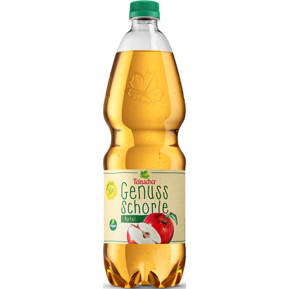 Teinacher Genuss-Schorle Apfel von Teinacher Mineralwasser in der 1-Liter-Plastikflasche mit Apfel-Image und knackigem Schwarzwälder Mineralwasser. Verkauft im 9er-Pack (EINWEG).