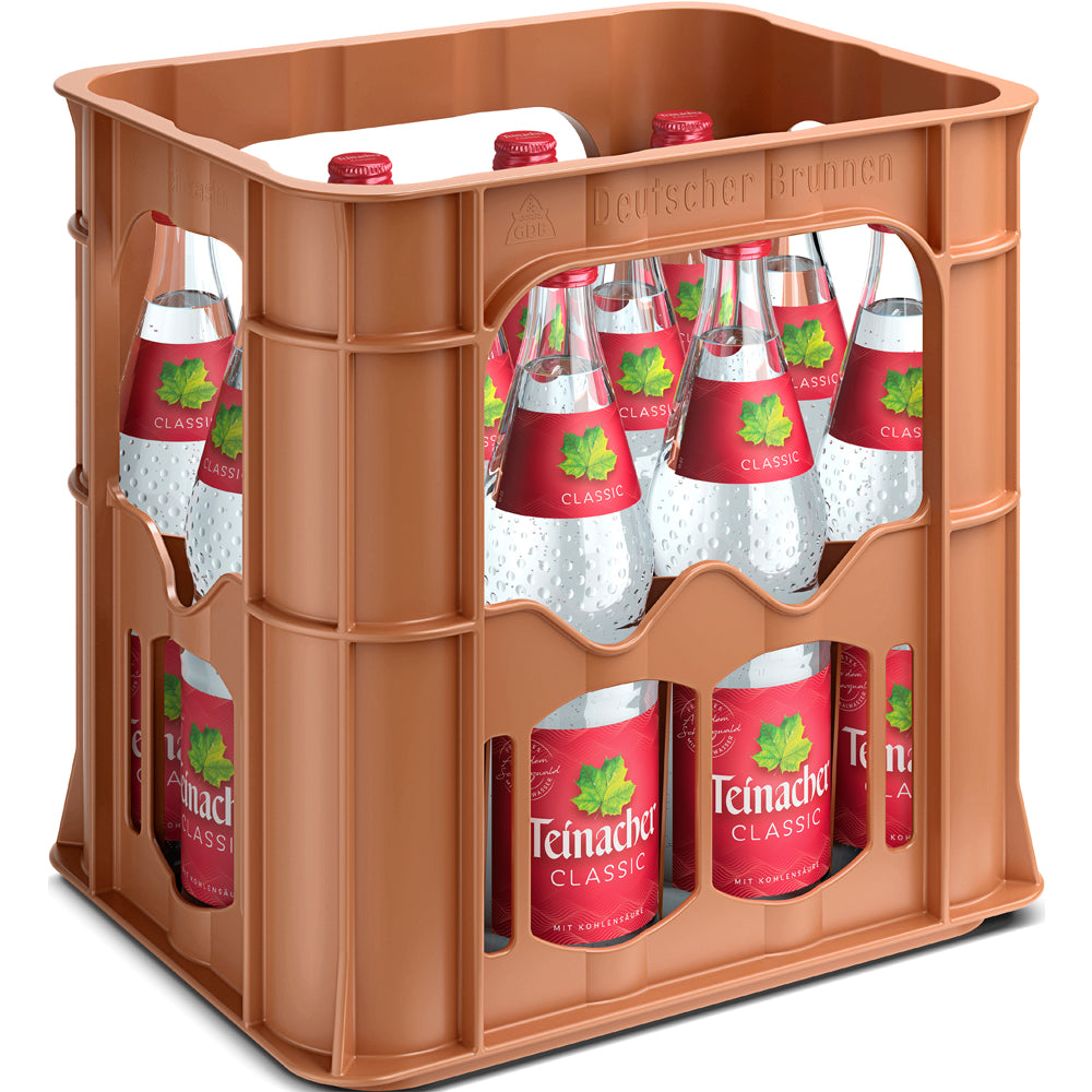 Eine braune Kiste enthält 12 Mehrweg-Flaschen Teinacher Mineralwasser Classic 0,7 l.