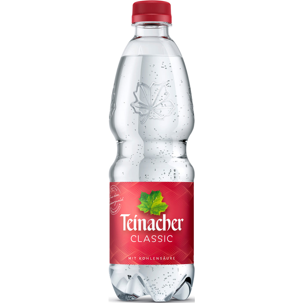 Teinacher Mineralwasser Classic PET 20x0,5L (EINWEG) mit rotem Etikett und Deckel, mit grünem Blattmotiv.