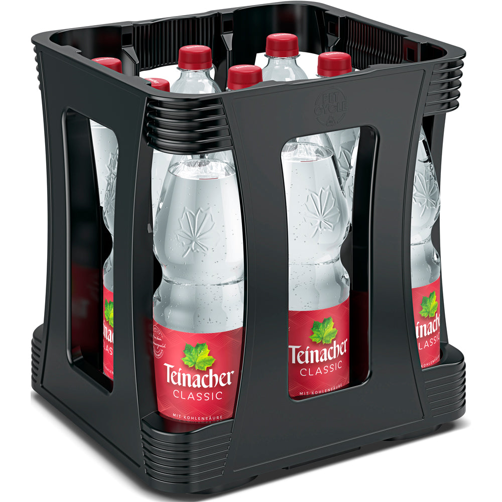 Neun Flaschen Teinacher Mineralwasser Classic à 1 Liter in einer Einweg-Kiste aus PET.