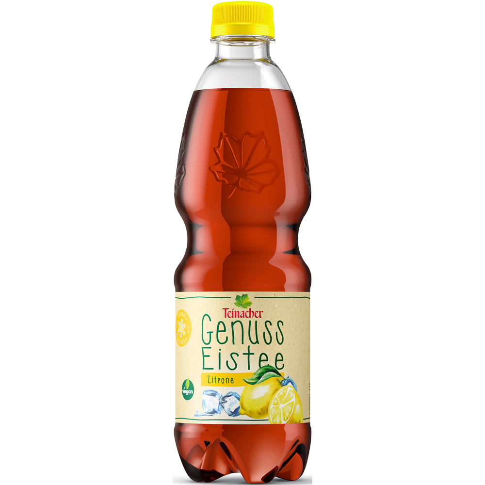 Teinacher Eistee Zitrone PET 20x0,5L (EINWEG) von Teinacher Mineralwasser mit gelbem Deckel und Zitroneneis-Motiv bietet pure Erfrischung mit echtem Schwarztee-Extrakt.