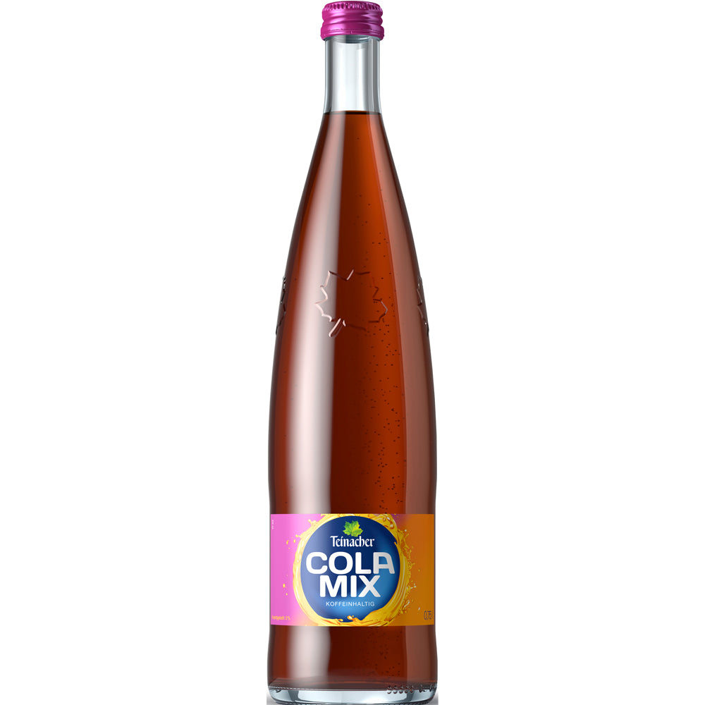 Teinacher Genuss-Cola-Mix von Teinacher Mineralwasser-refreshment in der 0,75-L-Glasflasche, inspiriert vom Schwarzwald, mit rosa Verschluss und gelb-blauem Etikett. Erhältlich im 12er-Pack (MEHRWEG).
