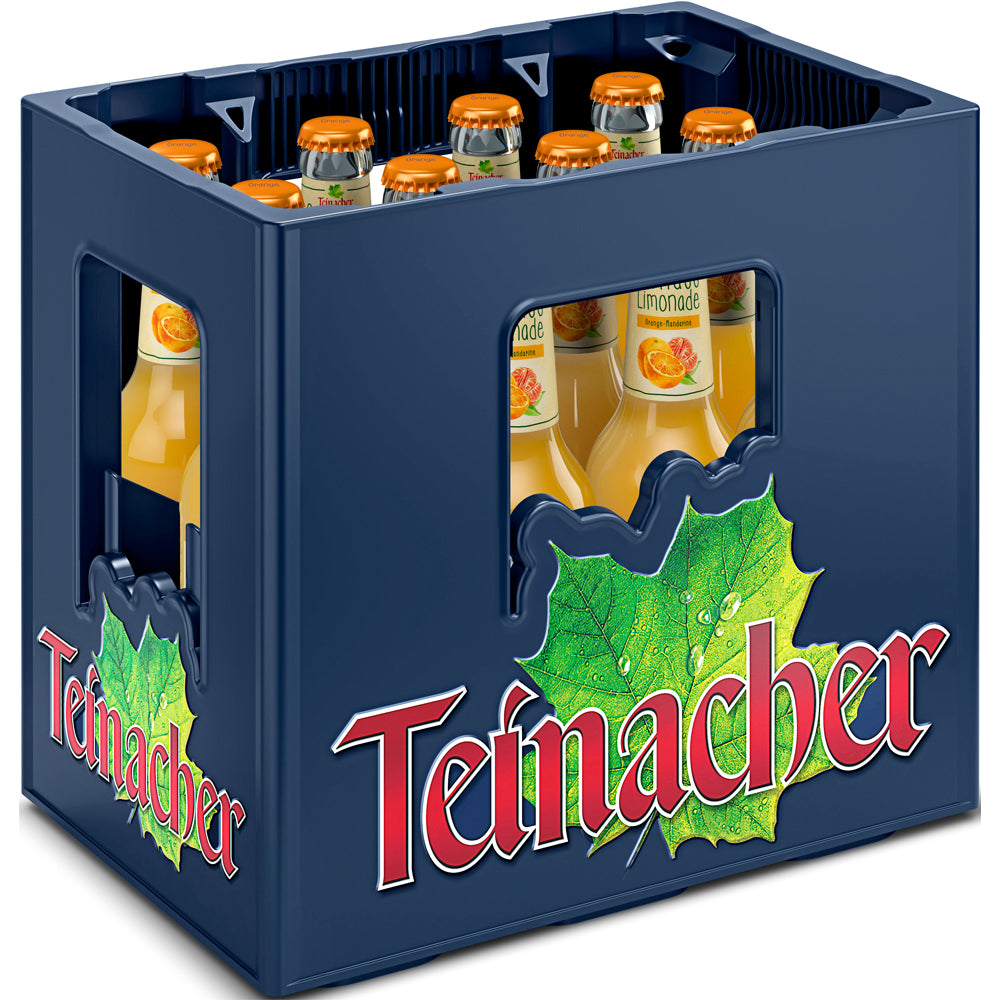 Eine blaue Kiste mit der Aufschrift Teinacher enthält 12 Flaschen Teinacher Genuss-Limo Orange-Mandarine (0,33 l, MEHRWEG) von Teinacher Mineralwasser, eine gelb-orange Flüssigkeit mit orangefarbenem Verschluss.