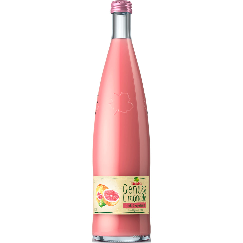 Eine 0,75 l Glasflasche Teinacher Genuss-Limo Pink Grapefruit von Teinacher Mineralwasser, mit einem bunten Etikett.