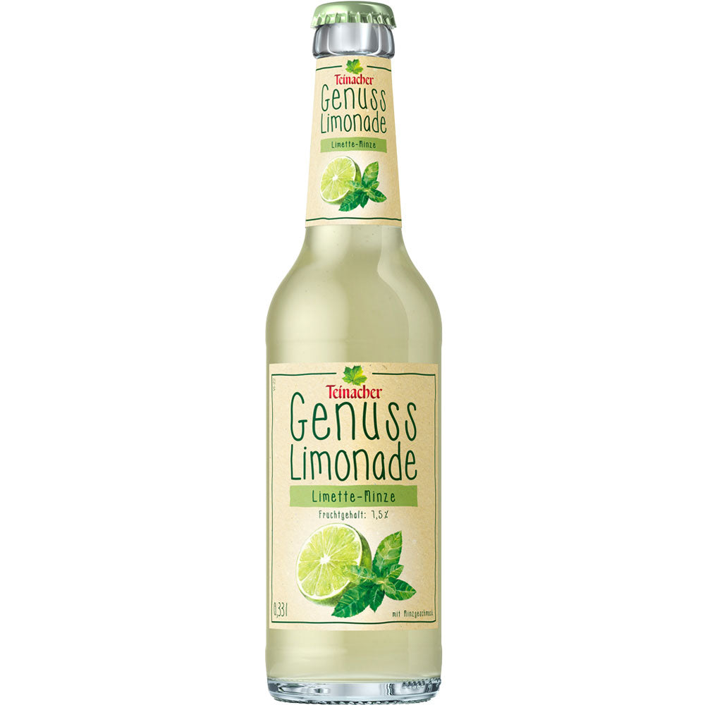 Eine Klarglasflasche Teinacher Mineralwasser Genuss-Limonade Limette-Minze, 0,33L Mehrweg, mit Limetten- und Minzblättern auf dem Etikett sorgt für einen erfrischend natürlichen Geschmack. Das Set enthält 12 Flaschen.