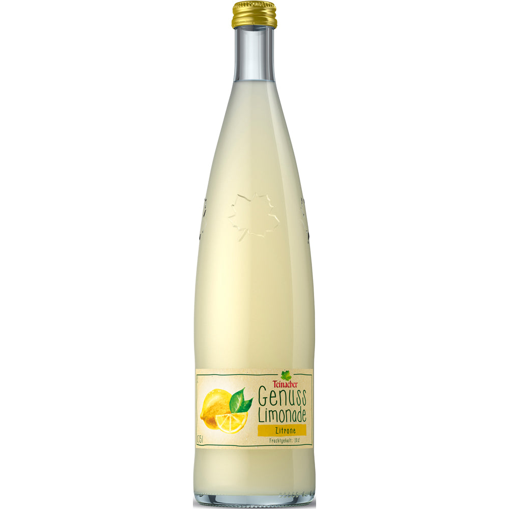 Teinacher Genuss-Limonade Zitrone von Teinacher Mineralwasser in der 0,75 l Glasflasche mit Zitronen-Etikett und dem Text "Zitrone Limonade", inspiriert von Schwarzwald-Aromen; erhältlich im 12er-Pack (MEHRWEG).