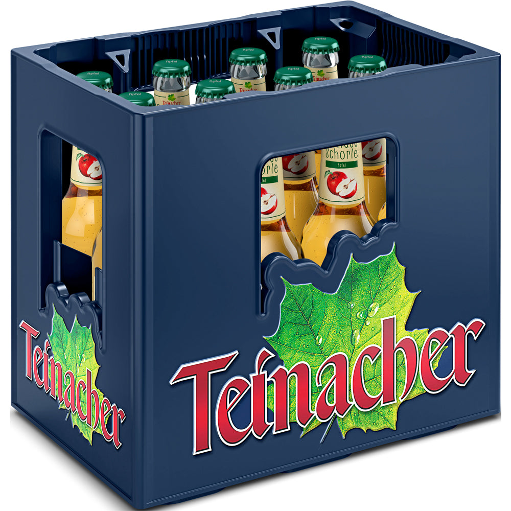 Blaue Kiste mit Teinacher Mineralwasser-Branding, gefüllt mit 12 wiederverwendbaren 0,33 l Glasflaschen Teinacher Genuss-Schorle Apfel (Direktsaft), jeweils mit grünem Verschluss.