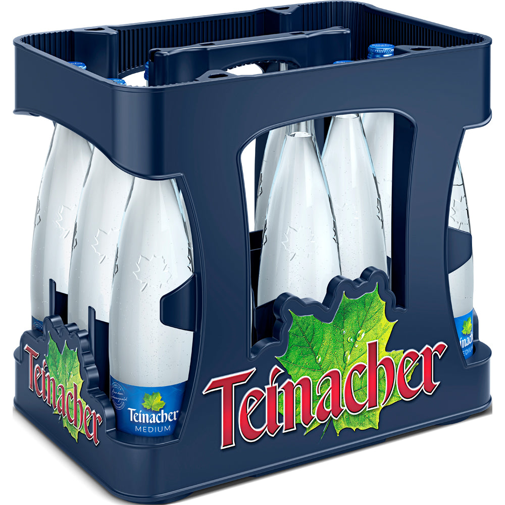 Eine blaue Kiste mit zwölf 0,75-Liter-Flaschen Teinacher Mineralwasser Medium (Genussflasche, MEHRWEG) aus dem Schwarzwald darin.