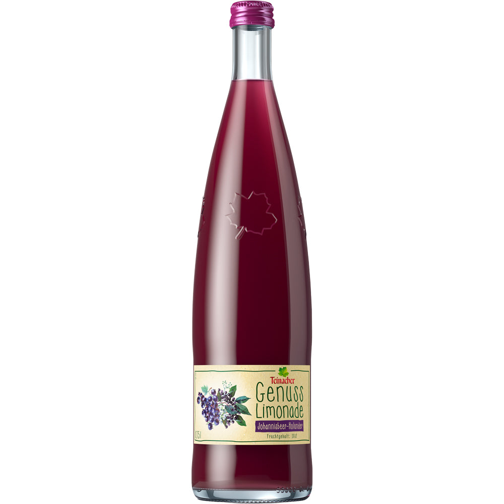 Teinacher Mineralwasser GenussLimo Johannisbeer-Holunder in der 0,75-L-Glasflasche mit tiefrotem Farbton und violettem Verschluss, inspiriert von den Aromen des Schwarzwaldes. Erhältlich in einer 12x 0,75L Mehrweg-Packung.