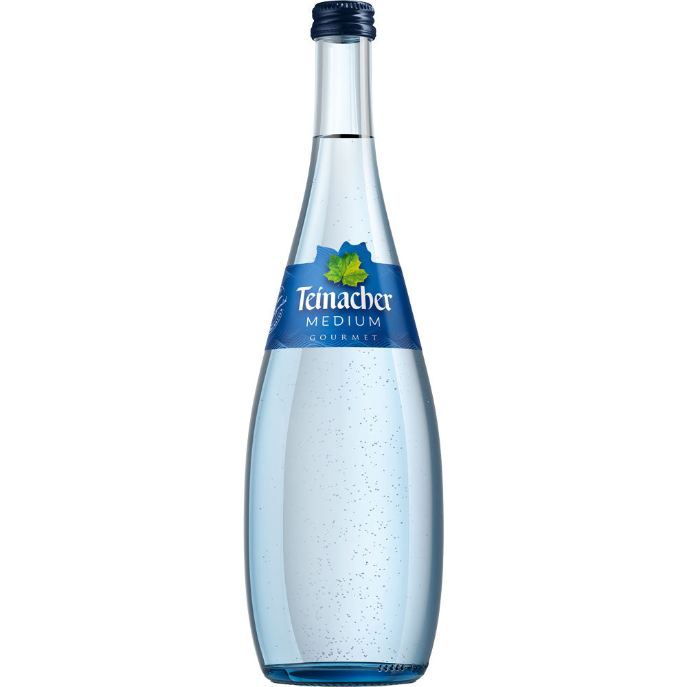 Teinacher Mineralwasser Gourmet Medium 12x0,75L (MEHRWEG): Klarglasflaschen mit blauem Etikett und Verschluss, mit mittlerem Kohlensäuregehalt für eine perfekt ausgewogene Erfrischung.