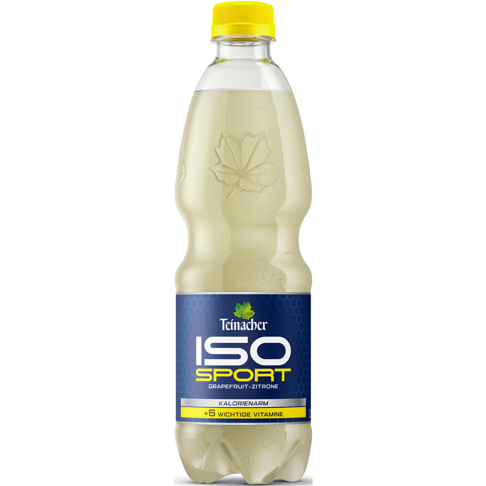 Eine Flasche Teinacher ISO Grape-Zitrone PET 0,5L (MEHRWEG) von Teinacher Mineralwasser ist ein kalorienarmes, isotonisches Grapefruit-Zitronen-Getränk mit gelbem Verschluss.