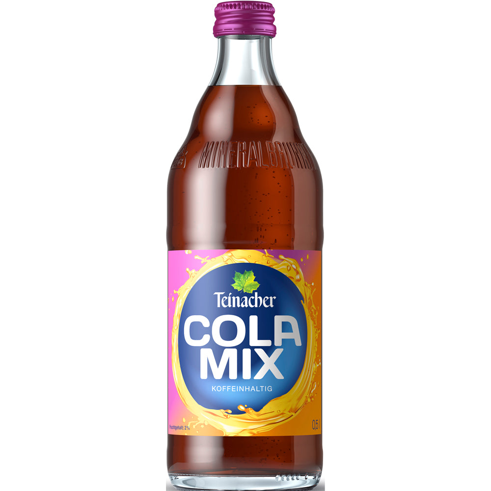 Die 0,5 l Glasflasche Teinacher Limo Cola-Mix von Teinacher Mineralwasser im 12er-Pack (MEHRWEG) mit lila Verschluss und buntem Etikett bietet erfrischenden Cola-Orangengeschmack nach Schwarzwälder Art.