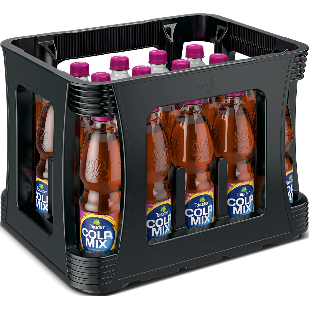 Ein schwarzer Kasten mit 20 Flaschen Teinacher Limo Cola-Mix PET 0,5L (MEHRWEG) von Teinacher Mineralwasser, mit klassischem Cola-Orangengeschmack und lebendigen, vom Schwarzwald inspirierten Etiketten.