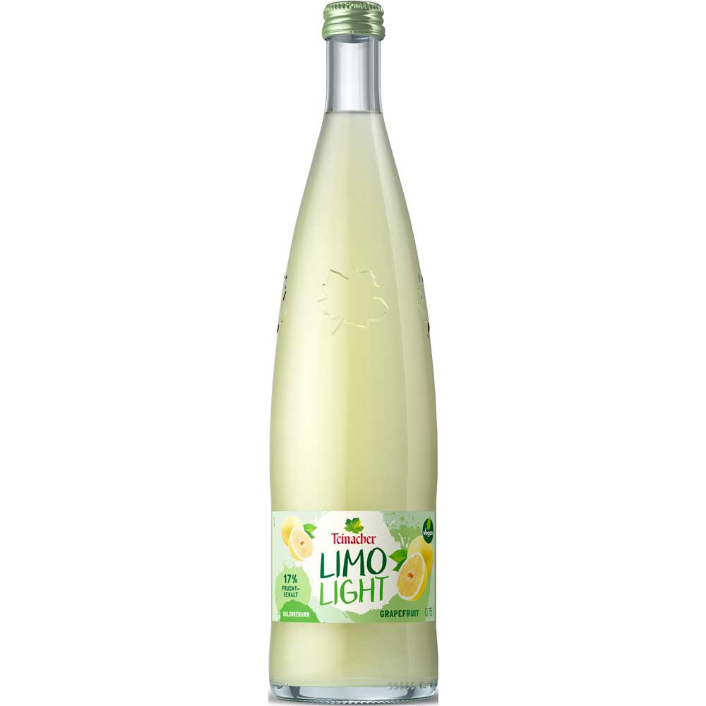 Eine Glasflasche Teinacher Limo Light Grapefruit (Mehrweg) von Teinacher Mineralwasser, aus dem Schwarzwald, mit grünem Verschluss und Zitronenetikett.