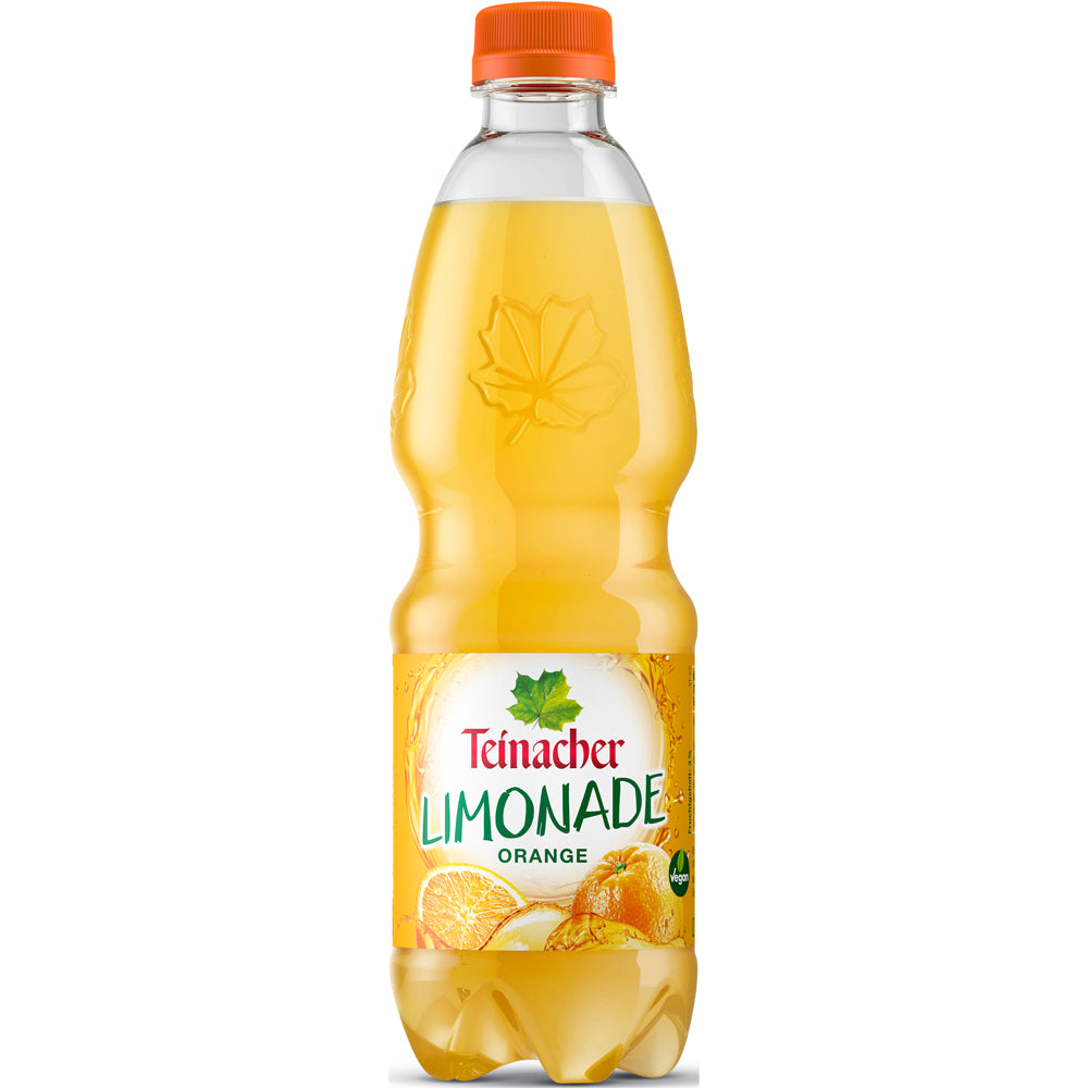 Teinacher Limo Orange (MEHRWEG) von Teinacher Mineralwasser in der 0,5-Liter-PET-Flasche mit orangefarbenem Verschluss und Orangen-Etikett, natürlich aromatisiert mit Orangenaroma, inspiriert vom Schwarzwald. Die Packung enthält 20 Flaschen.