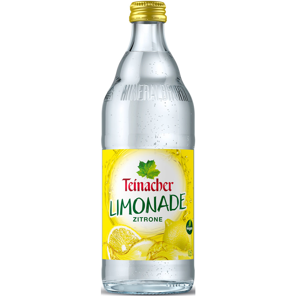 Teinacher Limo Zitrone 12x 0,5 Liter (MEHRWEG) von Teinacher Mineralwasser überzeugt als erfrischende Zitronenlimonade mit natürlichem Mineralwasser in klaren Glasflaschen mit gelbem Etikett und Zitronenmotiven.