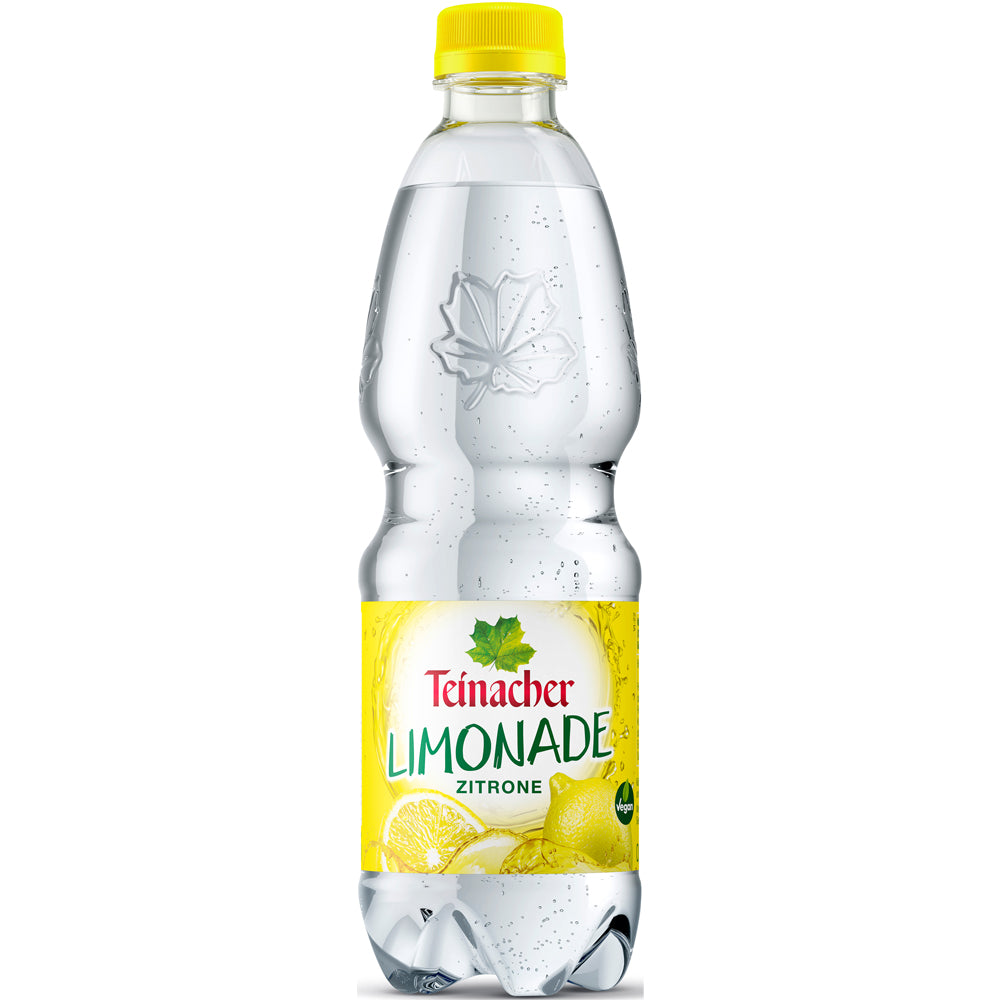 Teinacher Limo Zitrone PET (MEHRWEG) in der 0,5-Liter-Kunststoffflasche von Teinacher Mineralwasser mit gelbem Verschluss und lebendiger Zitronengrafik auf dem Etikett. Verpackt in 20er-Sets.