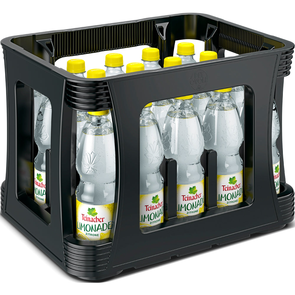 Eine schwarze Kiste mit zwanzig 0,5-Liter-Flaschen Teinacher Limo Zitrone PET (MEHRWEG) von Teinacher Mineralwasser - erfrischende Limonade aus dem Schwarzwald.