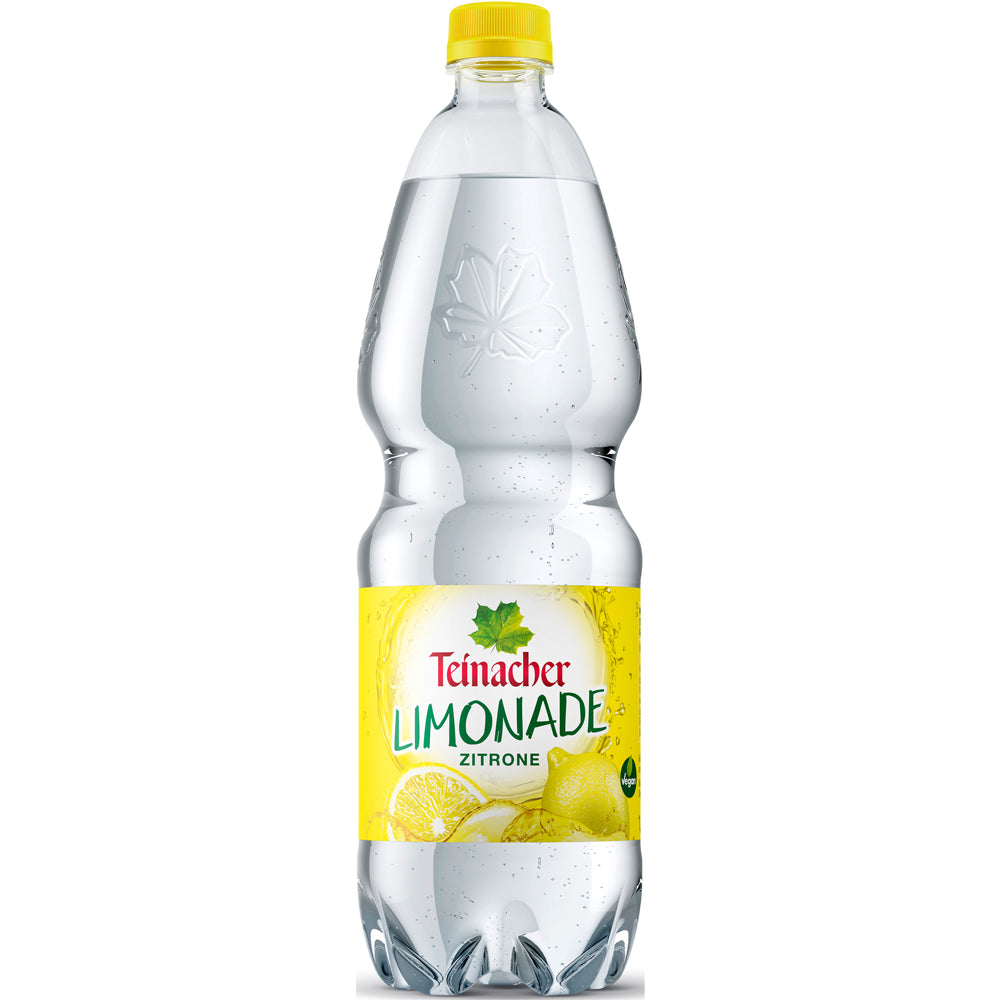 Teinacher Limo Zitrone von Teinacher Mineralwasser in der 1-Liter-Kunststoffflasche mit gelbem Etikett und Zitronengrafik, natürlichem Mineralwasser und erfrischendem Zitrusaroma. Erhältlich in einer 9x1L MEHRWEG-Packung.
