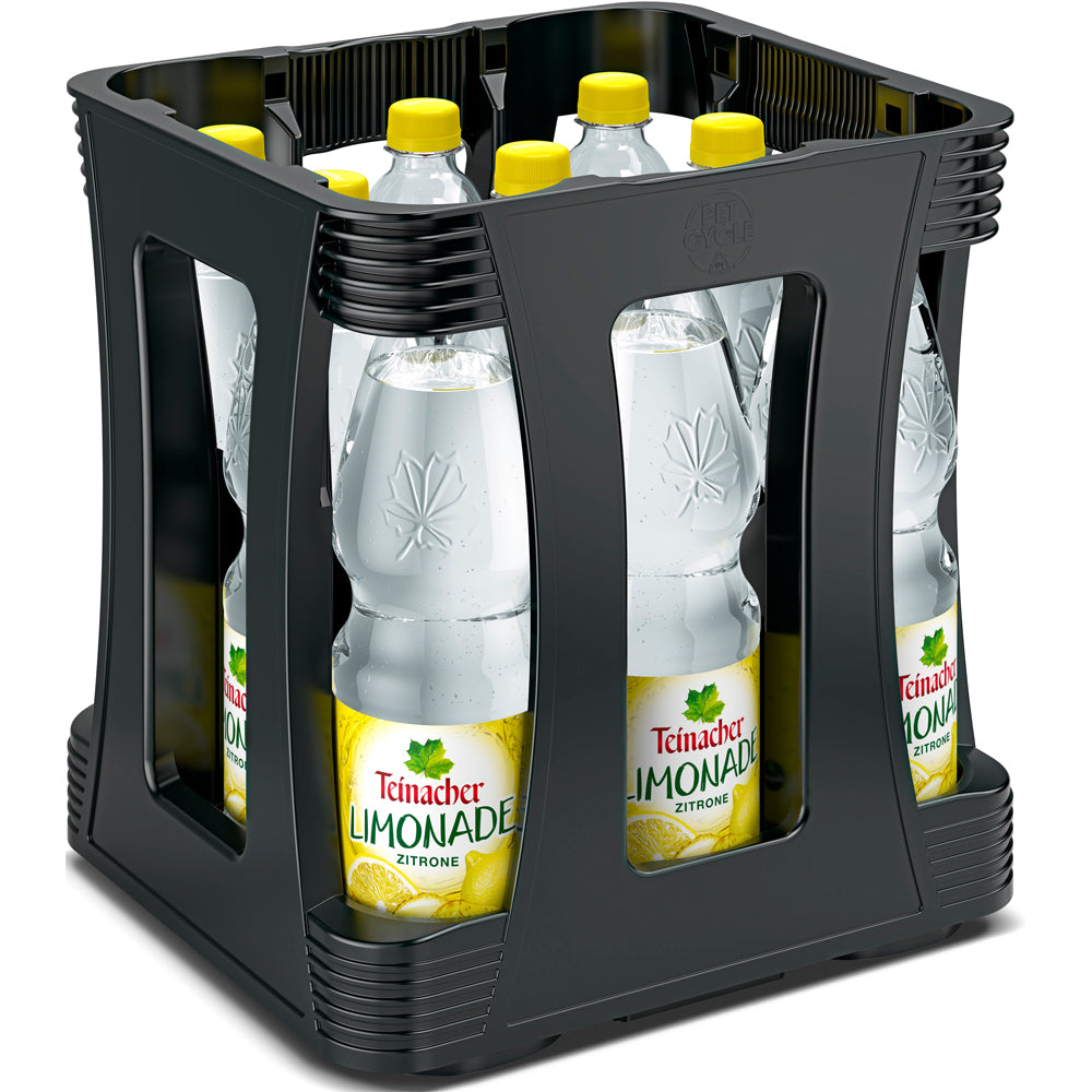 Eine schwarze Kiste mit neun 1-Liter-Flaschen Teinacher Limo Zitrone von Teinacher Mineralwasser, einer erfrischenden Zitronenlimonade aus natürlichem Mineralwasser und prickelndem Zitrusgeschmack.