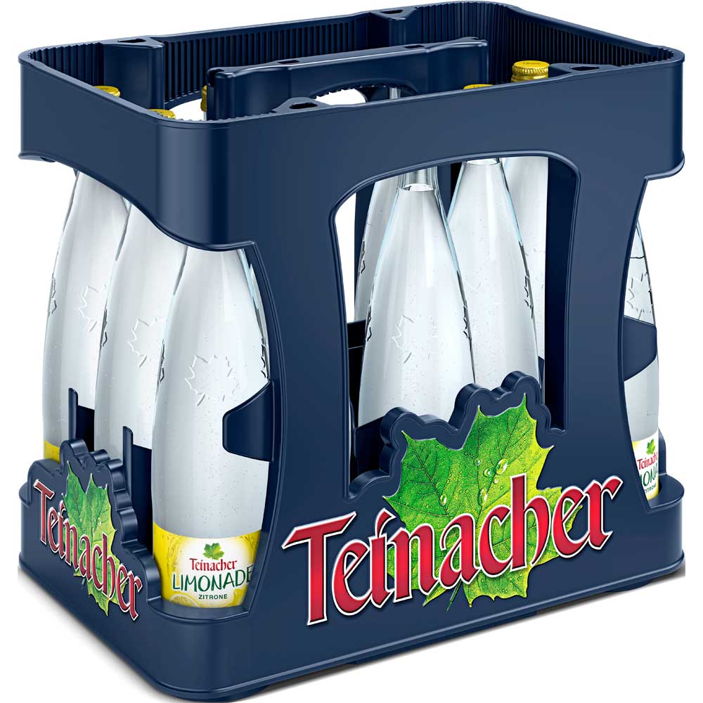 Eine Kiste mit zwölf 0,75L Glasflaschen Teinacher Limonade Zitrone (Mehrweg) von Teinacher Mineralwasser aus dem Schwarzwald.