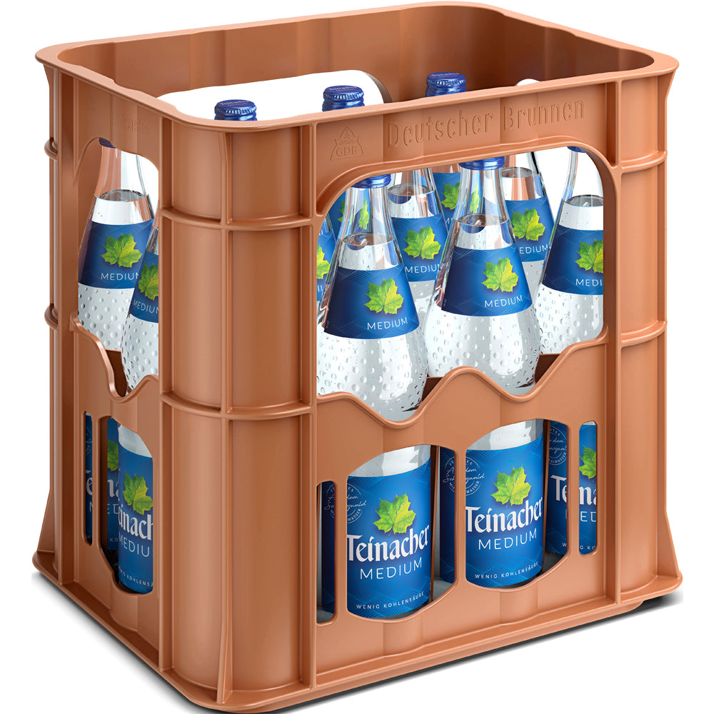 Eine braune Kiste mit zwölf 0,7-Liter-Flaschen Teinacher Medium Mineralwasser (Mehrweg), jede mit einem blauen Etikett und mittlerer Kohlensäure.