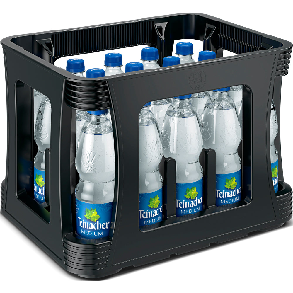 Eine schwarze Kiste enthält zwanzig 0,5-Liter-Flaschen Teinacher Mineralwasser Medium PET (Einweg) mit mittlerer Kohlensäure.