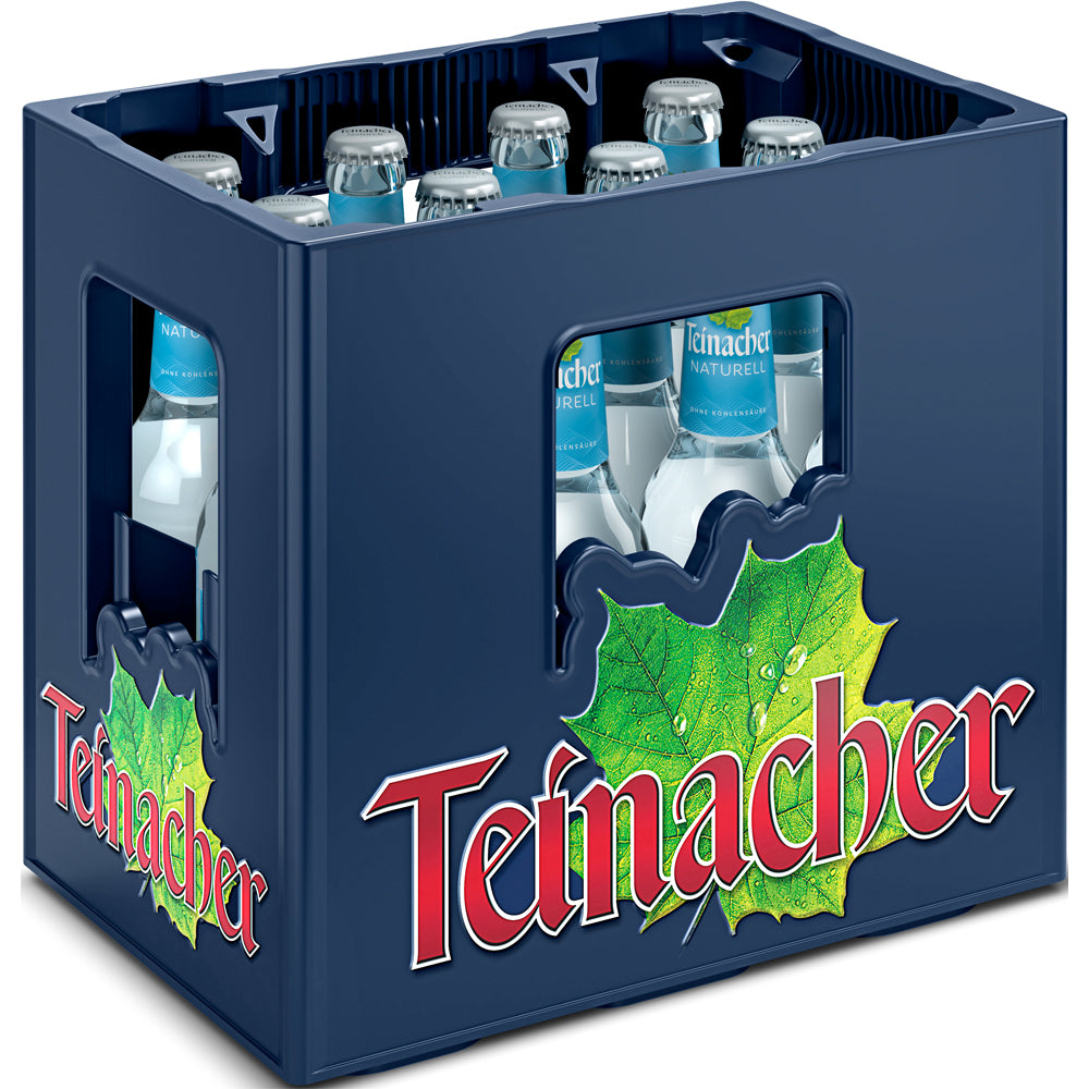 Eine blaue Kiste enthält 12 Flaschen Teinacher Naturell 0,33L (MEHRWEG) von Teinacher Mineralwasser mit einem grünen Blatt-Logo an der Seite.