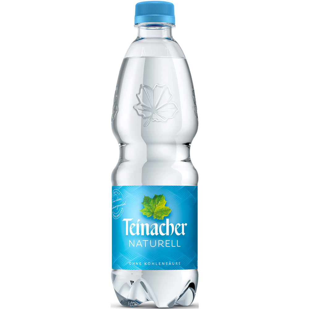 Teinacher Mineralwasser Naturell stilles Wasser in der klaren 0,5 l PET-Flasche mit blauem Verschluss und grünem Blattetikett; Packung mit 20 Einwegflaschen.