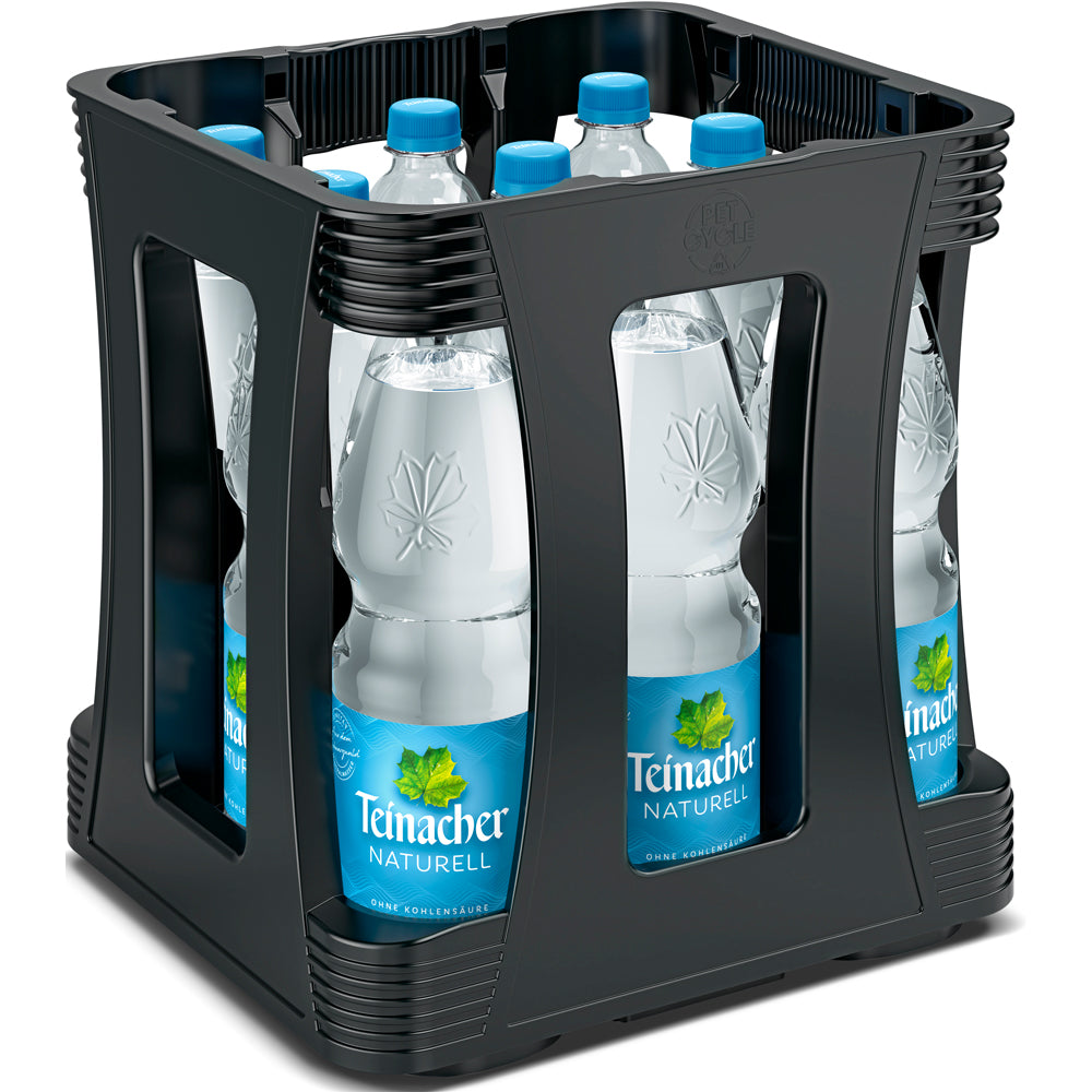 Eine schwarze Kiste enthält neun 1-Liter-Flaschen Teinacher Mineralwasser Naturell (PET, EINWEG), ein stilles Mineralwasser aus der Schwarzwaldquelle, jeweils mit blauem und weißem Etikett.