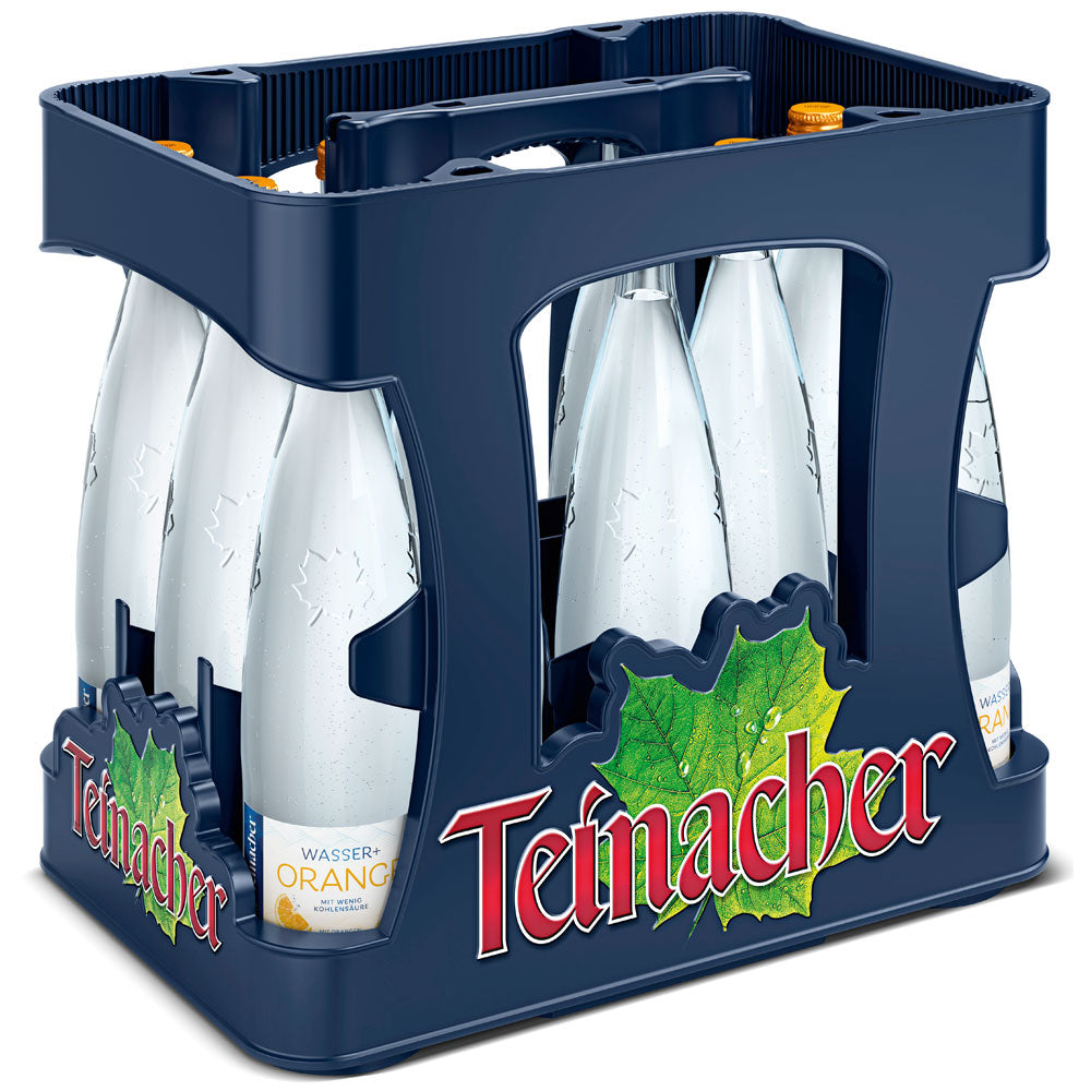 Eine blaue Kiste mit der Aufschrift Teinacher enthält zwölf 0,75-Liter-Flaschen Teinacher Wasser + Orange Mineralwasser (Mehrweg).