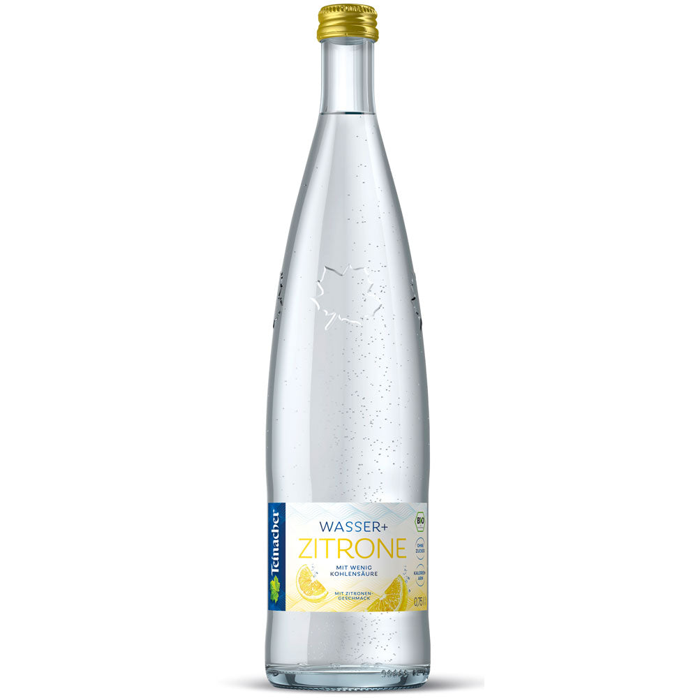 Wasser + Zitrone 0,75L MEHRWEG von Teinacher Mineralwasser ist ein prickelndes Zitronen-Mineralwasser in einer klaren Glasflasche mit gelbem Etikett und silbernem Verschluss, erhältlich im 12er-Pack.