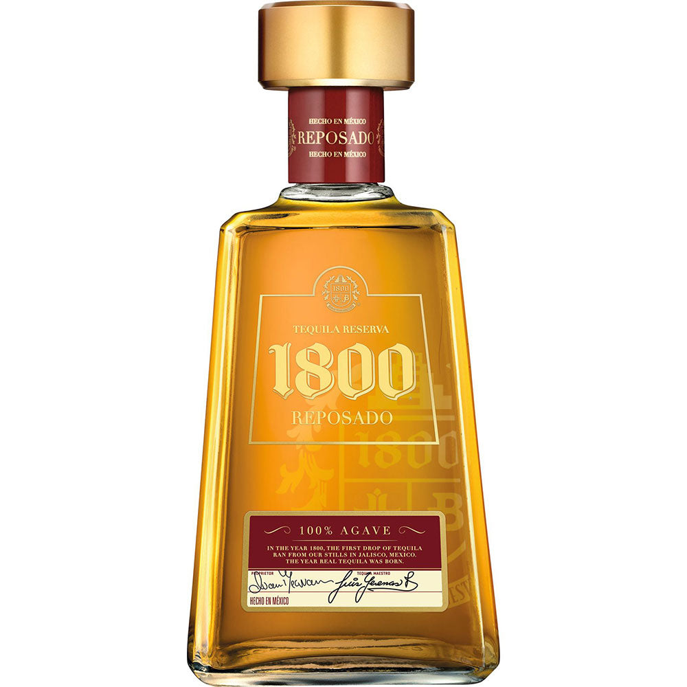 Eine 0,7-Liter-Flasche Tequila 1800 Jose Cuervo Reposado 38%, mit goldenem Etikett und Verschluss, hergestellt aus 100% blauer Agave für ein erstklassiges Tequila-Erlebnis.