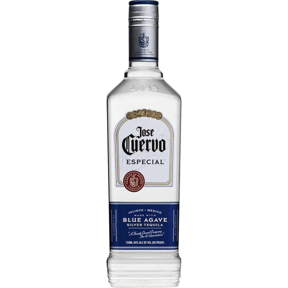 Eine 1-Liter-Flasche Jose Cuervo Tequila Especial Silver 35% mit blauem Etikett und klarer Flüssigkeit bietet den klassischen Geschmack von authentischem mexikanischem Tequila.