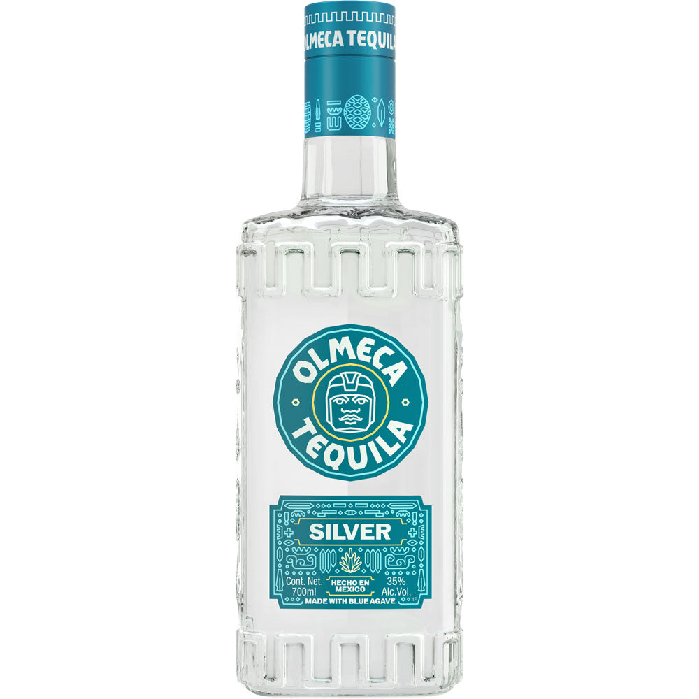 Eine klare 0,7-Liter-Flasche Olmeca Tequila Silver (35%), hergestellt aus blauer Weber-Agave, mit türkisfarbenem Etikett und dekorativem Verschluss.
