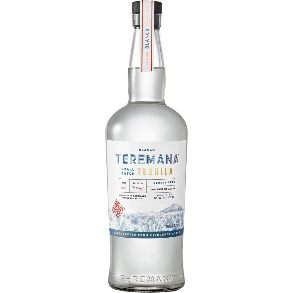 Klare Flasche Teremana Tequila Blanco 40% 0,7 Liter von Teremana, hergestellt aus blauer Weber-Agave, mit blau-weißem Etikett, Bergmotiven und inspiriert von Dwayne Johnson.