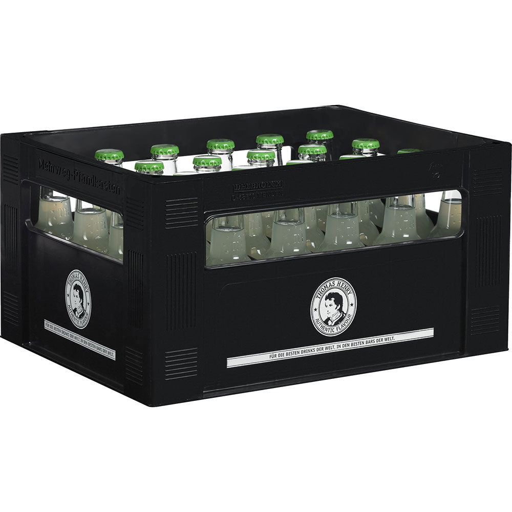 Eine schwarze Kiste mit 24 x 0,2 l Thomas Henry Bitter Lemon (MEHRWEG), jede Glasflasche mit grünem Deckel und Gesichtsetikett verschlossen, verleiht jeder Veranstaltung einen Hauch von Premium-Limonade.