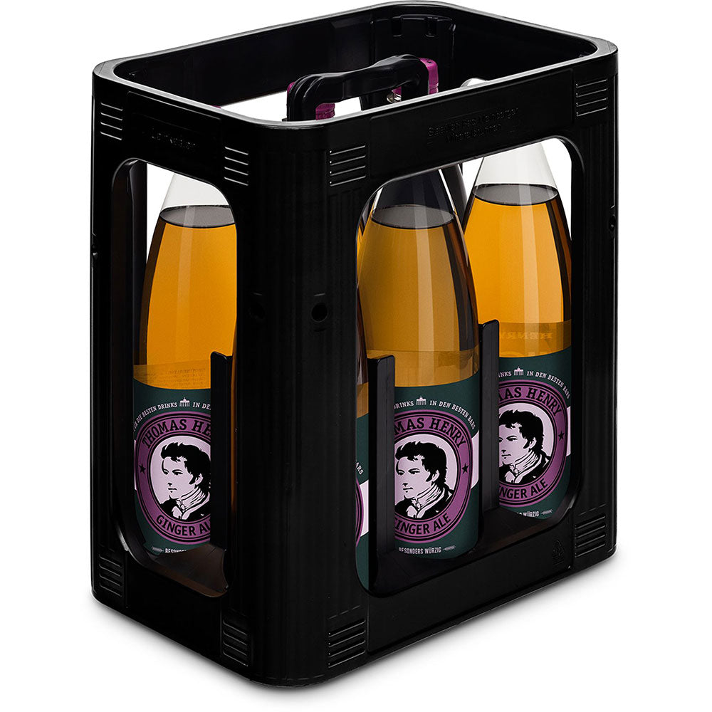 Eine schwarze Kiste enthält sechs 1-Liter-Flaschen Thomas Henry Ginger Ale PET (Mehrweg), den Premium-Mixer von Thomas Henry, der für seinen feinen Ingwergeschmack bekannt ist.