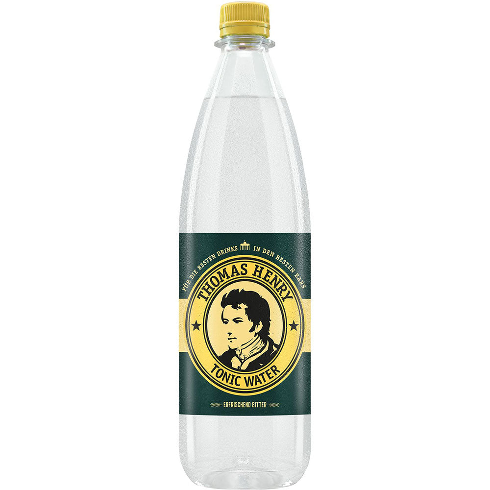 Thomas Henry Tonic Water PET 6x1L (MEHRWEG): Premium-Mixer in einer klaren Flasche mit gelbem Verschluss und grün-gelbem Etikett mit dem Porträt der Marke - ideal, um Ihr Gin Tonic-Erlebnis aufzuwerten.