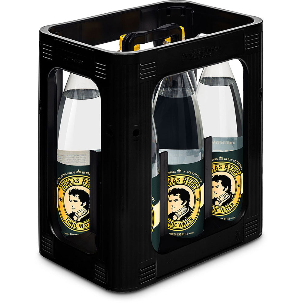 Schwarze Kiste mit sechs 1L-PET-Flaschen Thomas Henry Tonic Water (MEHRWEG) - der ideale Premium-Mixer von Thomas Henry für einen klassischen Gin Tonic.
