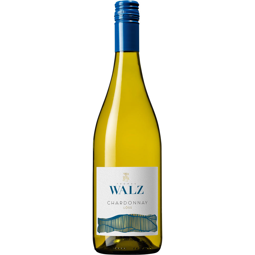 Abgebildet ist eine Flasche Thomas Walz Terroir Chardonnay Löss trocken 2024 mit blauem Verschluss und weißem Etikett auf einfarbigem Hintergrund.