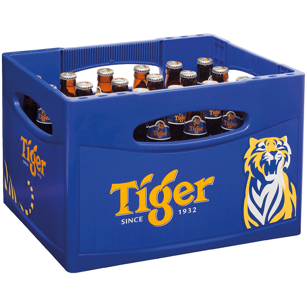 Eine blaue Kiste Tiger Beer mit dem ikonischen gelben Tiger-Logo, die 24 x 0,33 l Flaschen Tiger Asian Lager Beer (MEHRWEG) der renommierten Marke Tiger Beer enthält.