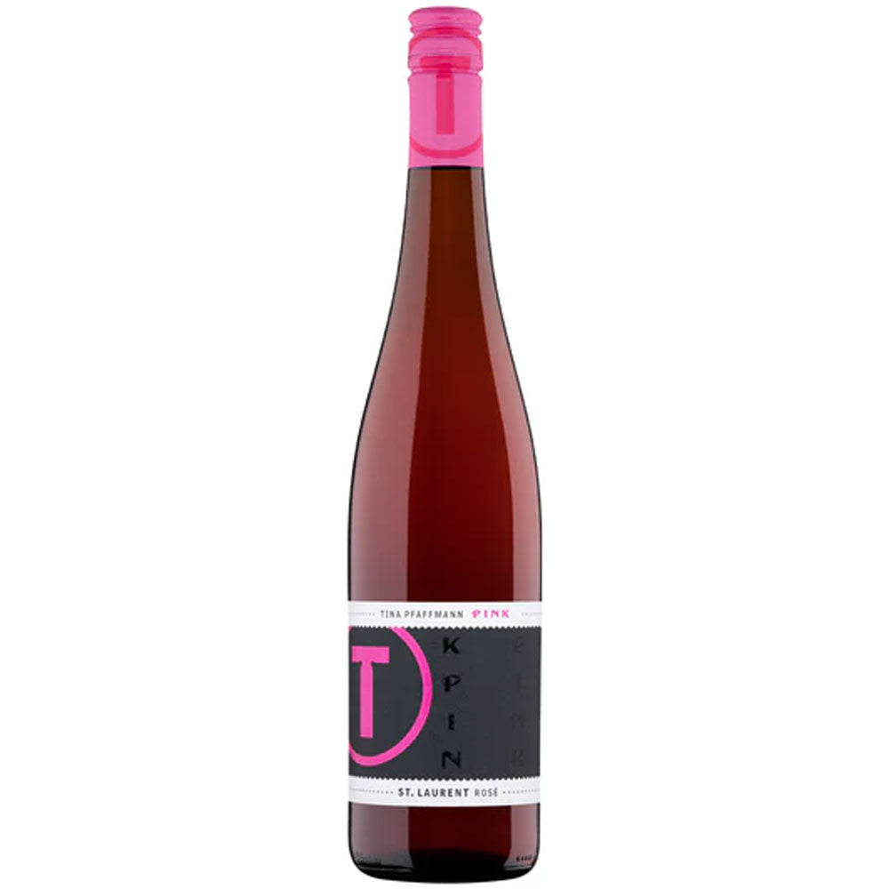 Tina Pfaffmann Pink St. Laurent Rosé 2024 kommt in einer Flasche mit rosafarbenem Verschluss und stilvollem schwarz-rosafarbenem Etikett daher und verkörpert den lebendigen Charakter dieses Rosés - ein idealer Sommerwein für jede Gelegenheit.