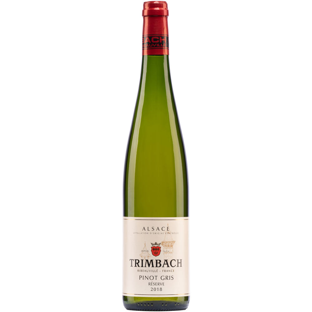 Eine Flasche F.E. Trimbach Pinot Gris Reserve AOC Alsace 2018 Weißwein, der die raffinierte Eleganz und den unverwechselbaren Stil des F.E. Trimbach Pinot Gris unterstreicht.
