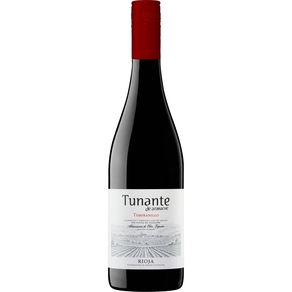 Eine Flasche Fincas de Azabache Tunante de Azabache Tempranillo Rioja DOCa 2024, ein spanischer Rotwein mit rotem Verschluss und weißem Etikett.