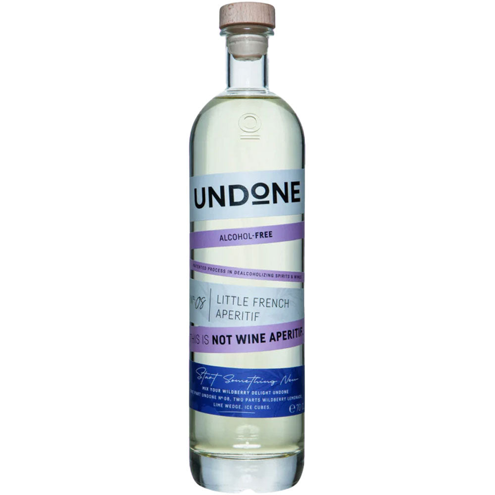 Eine Flasche Undone No. 08 Little French Not Wine Aperitif (0,7L), die vegane alkoholfreie Alternative von Undone mit lila-weißem Etikett-ideal für Mocktails und stilvollen Genuss ohne Alkohol.