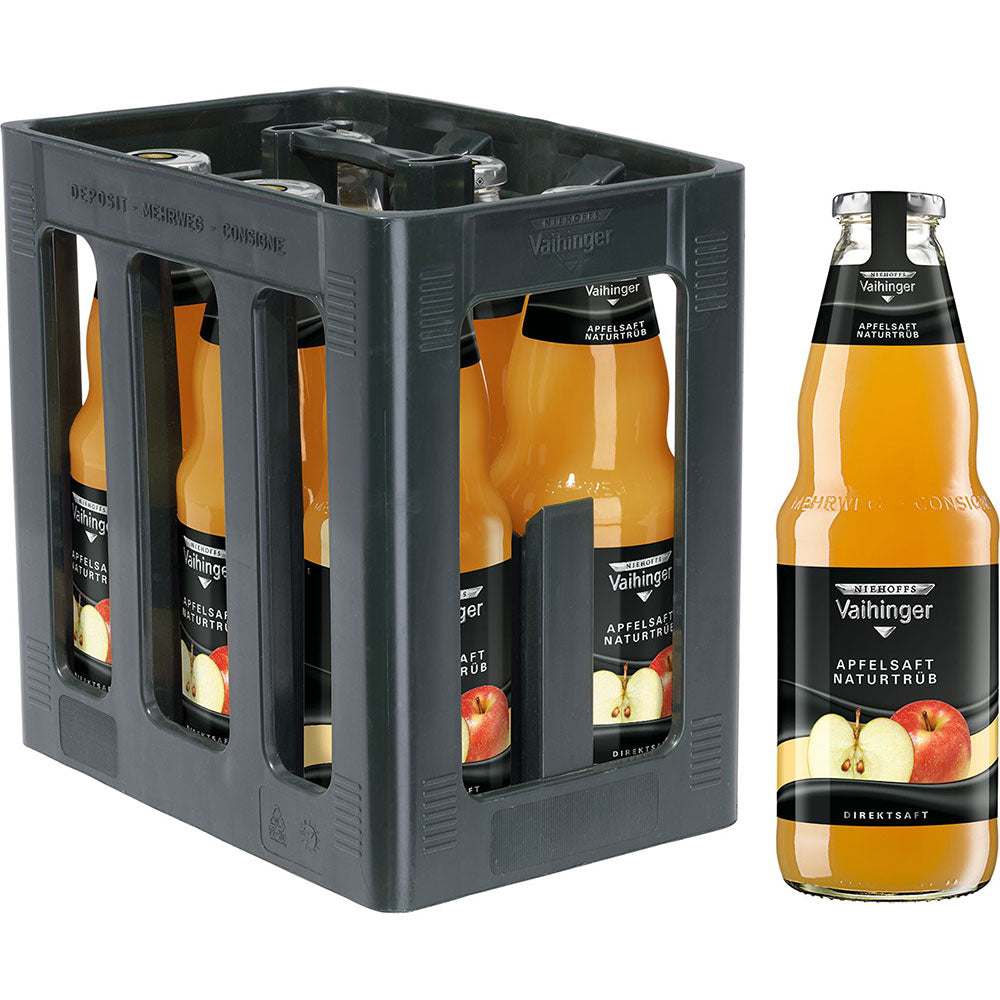 Sechs 1-Liter-Flaschen Niehoffs Vaihinger Apfelsaft Naturtrüb (MEHRWEG) in einer grauen Plastikkiste, eine Flasche steht draußen.