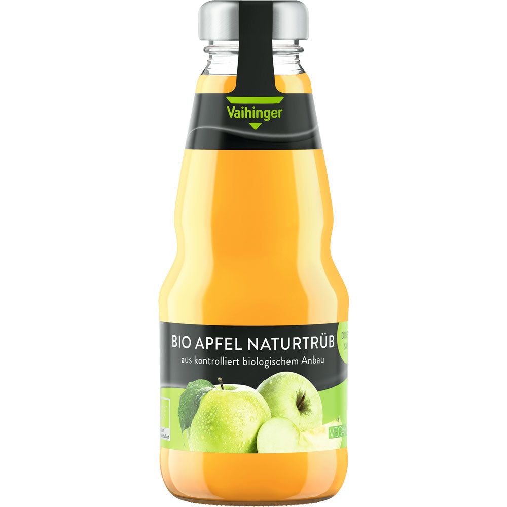 Eine 0,2-Liter-Glasflasche Niehoffs Vaihinger Bio Apfelsaft Naturtrüb, mit grünen Äpfeln auf dem Etikett.