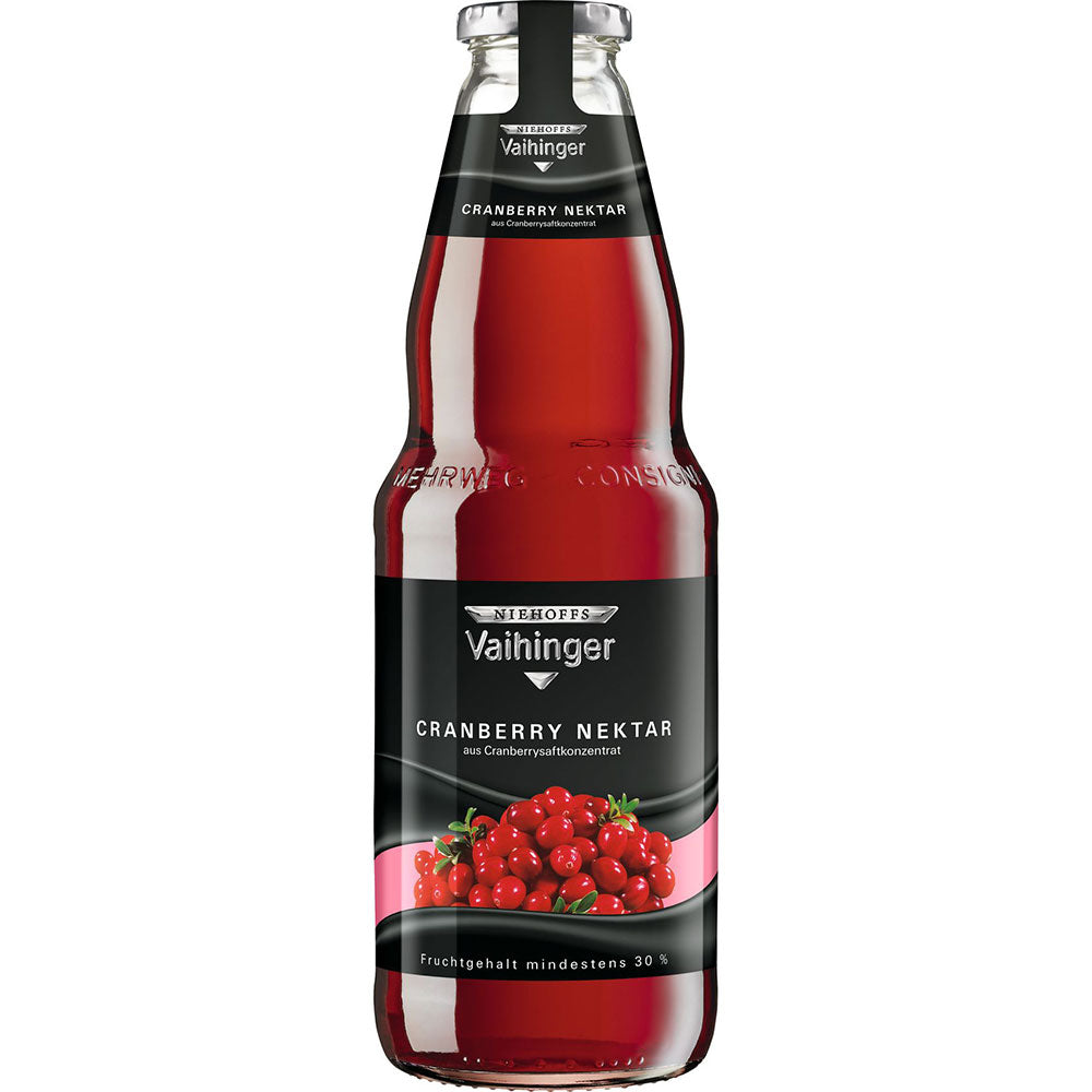 Niehoffs Vaihinger Cranberry Nektar 6x1L (MEHRWEG) wird in Glasflaschen mit einem leuchtenden Cranberry-Etikett geliefert, das den reichhaltigen, unverfälschten Cranberry-Saftgeschmack hervorhebt.