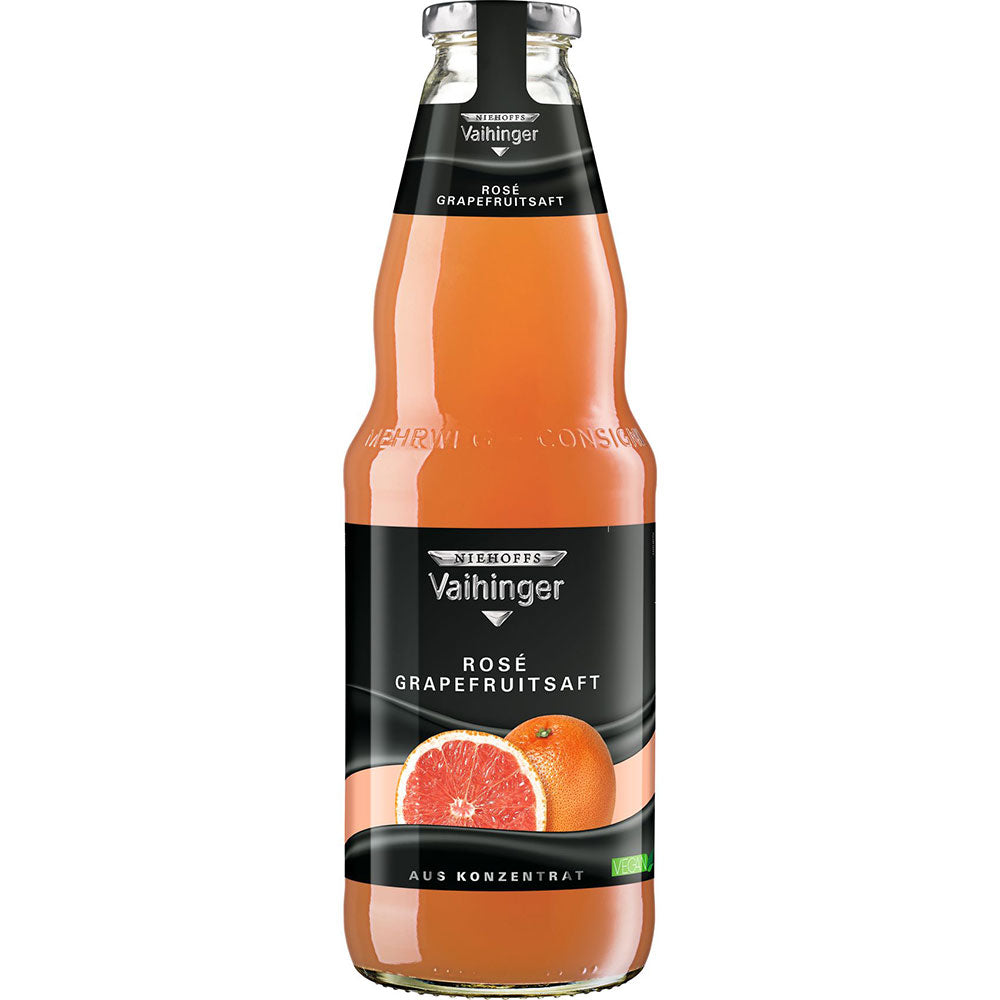 Eine 1-Liter-Glasflasche Niehoffs Vaihinger Rosé Grapefruitsaft (6er-Pack, MEHRWEG), perfekt für Cocktails und mit einem leuchtenden Grapefruit-Etikett.